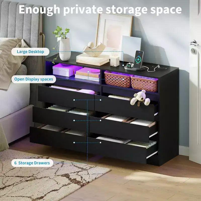 6-Drawer Double Dresser with LED Lights & Power Outlet, Handle-Free Modern Bedroom Dresser, 2 AC + 2 USB, Black/White