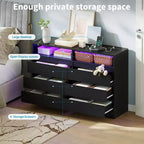 Commode double à 6 tiroirs avec lumières LED et prise de courant, commode de chambre moderne sans poignée, 2 prises secteur + 2 USB, Noir/Blanc
