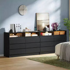 Commode double à 6 tiroirs avec lumières LED et prise de courant, commode de chambre moderne sans poignée, 2 prises secteur + 2 USB, Noir/Blanc