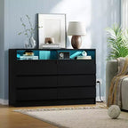 Zstar Modern 6-Drawer Double Dresser for Bedroom with Power Outlet and LED Light