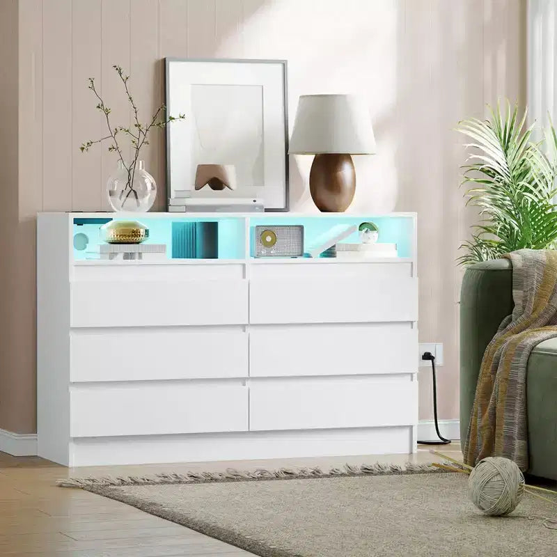 6-Drawer Double Dresser with LED Lights & Power Outlet, Handle-Free Modern Bedroom Dresser, 2 AC + 2 USB, Black/White