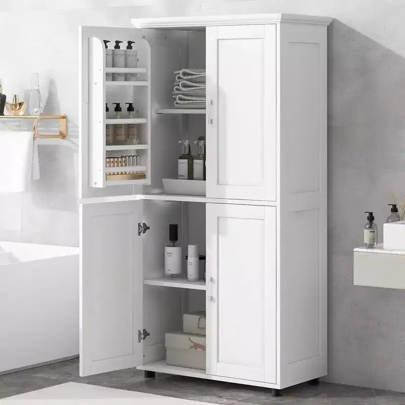Tall Bathroom Storage Cabinet, 4-Door Freestanding Floor Cabinet with Adjustable Shelves, 62"H x 31"W, White