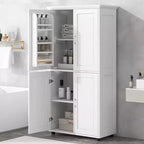 Meuble de Rangement Haut pour Salle de Bain, Armoire sur Pied 4 Portes avec Étagères Réglables, 157,5 cm H x 78,7 cm L, Blanc
