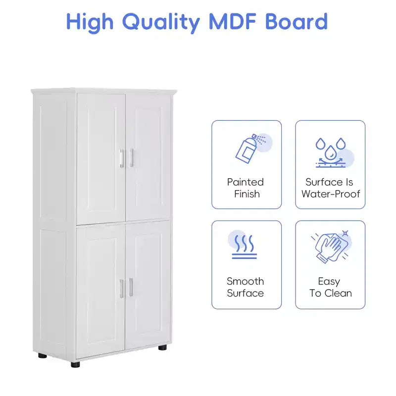 Tall Bathroom Storage Cabinet, 4-Door Freestanding Floor Cabinet with Adjustable Shelves, 62"H x 31"W, White