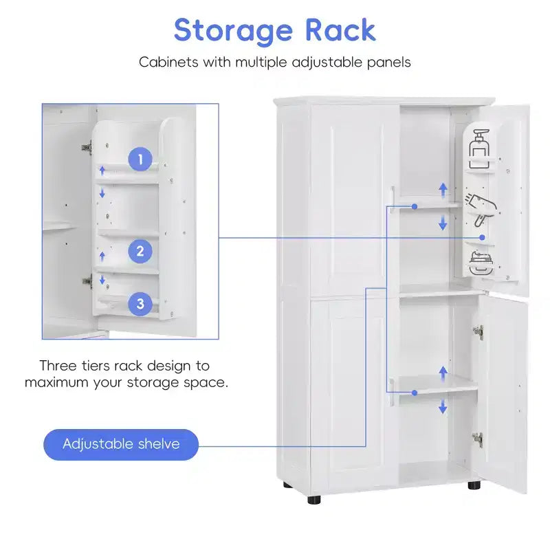 Tall Bathroom Storage Cabinet, 4-Door Freestanding Floor Cabinet with Adjustable Shelves, 62"H x 31"W, White