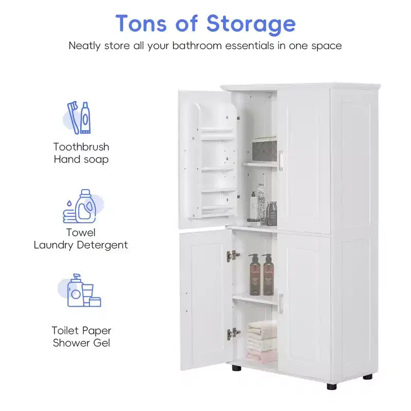 Tall Bathroom Storage Cabinet, 4-Door Freestanding Floor Cabinet with Adjustable Shelves, 62"H x 31"W, White