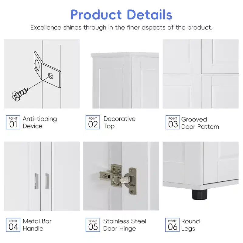 Tall Bathroom Storage Cabinet, 4-Door Freestanding Floor Cabinet with Adjustable Shelves, 62"H x 31"W, White