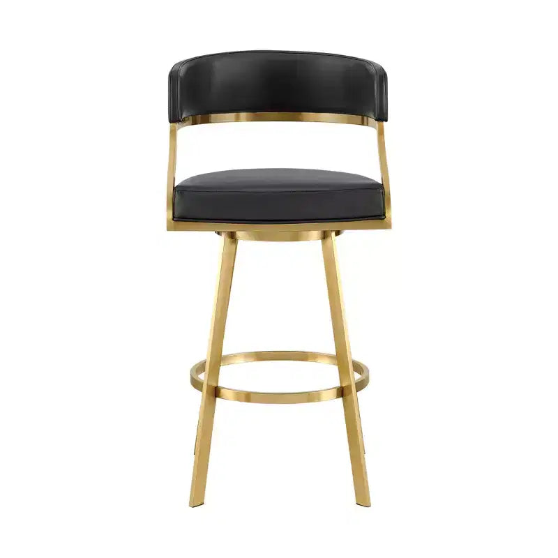 26" Black and Gold Faux Leather and Stainless Steel Low Back Counter Height Swivel Bar Chair