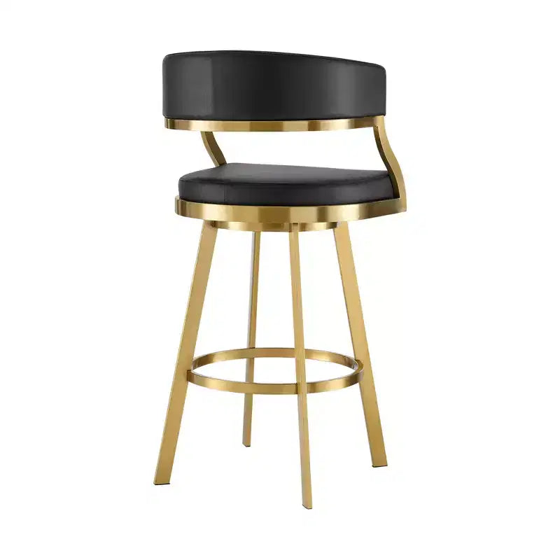 26" Black and Gold Faux Leather and Stainless Steel Low Back Counter Height Swivel Bar Chair