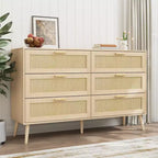 Commode en rotin moderne pour chambre à coucher avec 6 tiroirs larges et poignées en bois, meuble de rangement pour salon, couloir, entrée