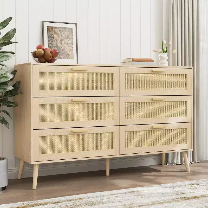 Modern Rattan Dresser for Bedroom with 6 Wide Drawers and Wood Handles, Chest Storage Cabinet Organizer for Living Room Hallway Entryway