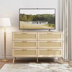 Commode en rotin moderne pour chambre à coucher avec 6 tiroirs larges et poignées en bois, meuble de rangement pour salon, couloir, entrée