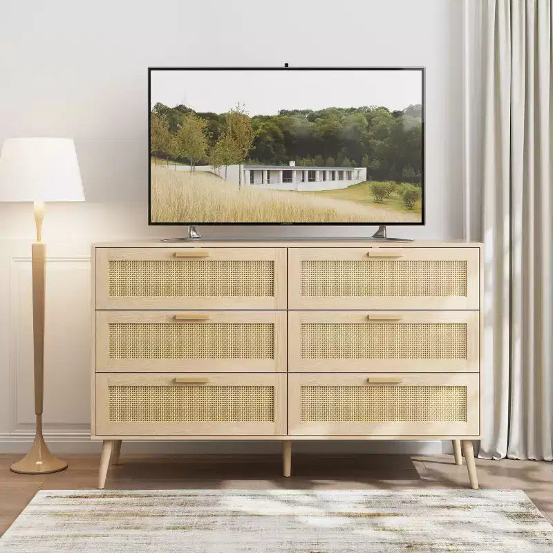 Modern Rattan Dresser for Bedroom with 6 Wide Drawers and Wood Handles, Chest Storage Cabinet Organizer for Living Room Hallway Entryway