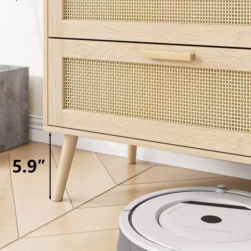 Modern Rattan Dresser for Bedroom with 6 Wide Drawers and Wood Handles, Chest Storage Cabinet Organizer for Living Room Hallway Entryway