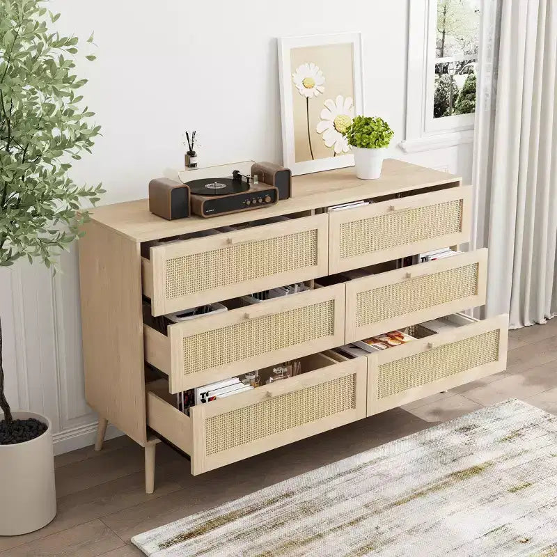 Modern Rattan Dresser for Bedroom with 6 Wide Drawers and Wood Handles, Chest Storage Cabinet Organizer for Living Room Hallway Entryway