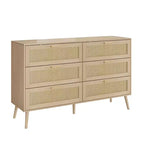 Commode en rotin moderne pour chambre à coucher avec 6 tiroirs larges et poignées en bois, meuble de rangement pour salon, couloir, entrée