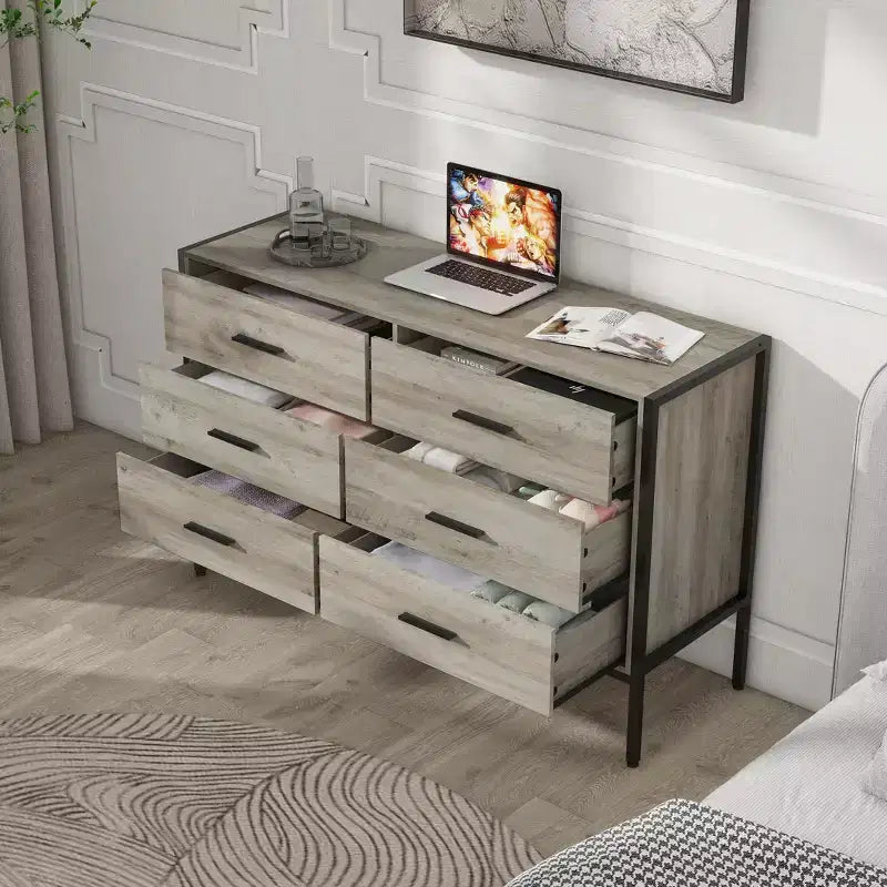 Modern Rattan Dresser for Bedroom with 6 Wide Drawers and Wood Handles, Chest Storage Cabinet Organizer for Living Room Hallway Entryway