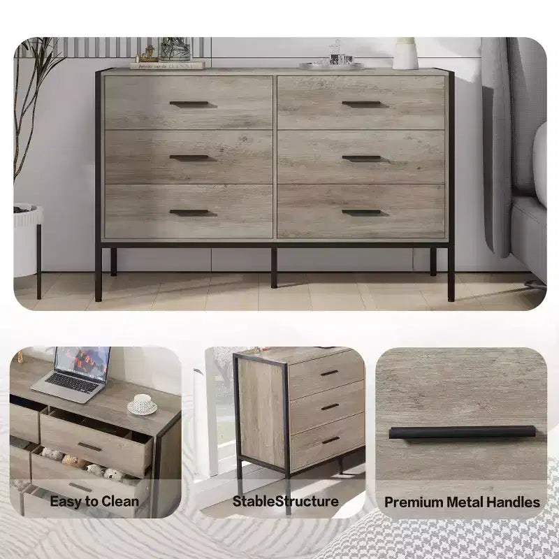 Modern Rattan Dresser for Bedroom with 6 Wide Drawers and Wood Handles, Chest Storage Cabinet Organizer for Living Room Hallway Entryway