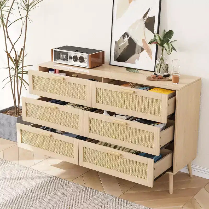 Modern Rattan Dresser for Bedroom with 6 Wide Drawers and Wood Handles, Chest Storage Cabinet Organizer for Living Room Hallway Entryway