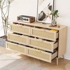 Commode en rotin moderne pour chambre à coucher avec 6 tiroirs larges et poignées en bois, meuble de rangement pour salon, couloir, entrée