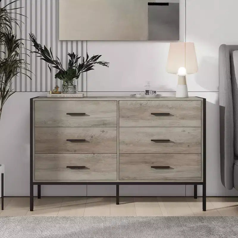 Modern Rattan Dresser for Bedroom with 6 Wide Drawers and Wood Handles, Chest Storage Cabinet Organizer for Living Room Hallway Entryway