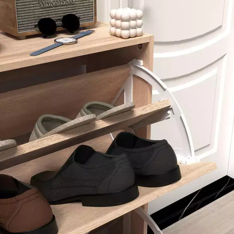 Ventilated Shoe Cabinet with 3 Flip Doors & Adjustable Shelves, Freestanding Wooden Shoe Organizer with Anti-Tip Device for Entryway