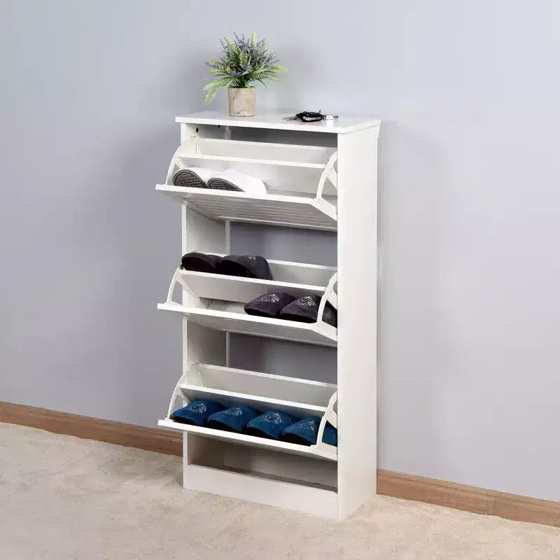 Ventilated Shoe Cabinet with 3 Flip Doors & Adjustable Shelves, Freestanding Wooden Shoe Organizer with Anti-Tip Device for Entryway