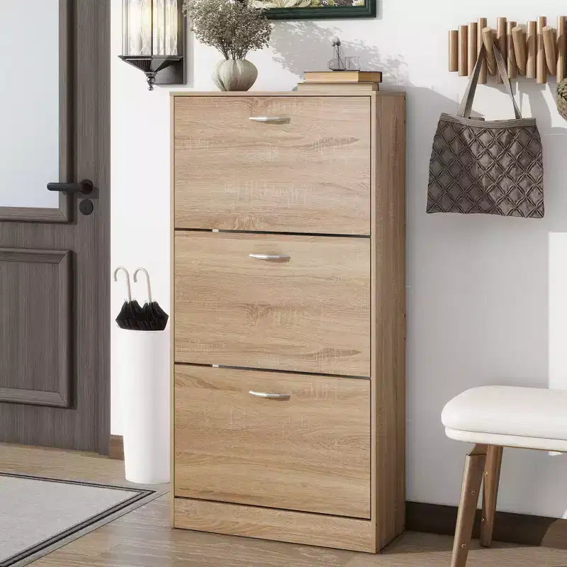 Ventilated Shoe Cabinet with 3 Flip Doors & Adjustable Shelves, Freestanding Wooden Shoe Organizer with Anti-Tip Device for Entryway