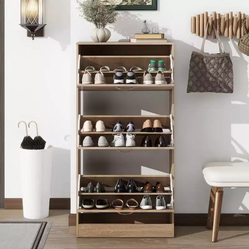 Ventilated Shoe Cabinet with 3 Flip Doors & Adjustable Shelves, Freestanding Wooden Shoe Organizer with Anti-Tip Device for Entryway