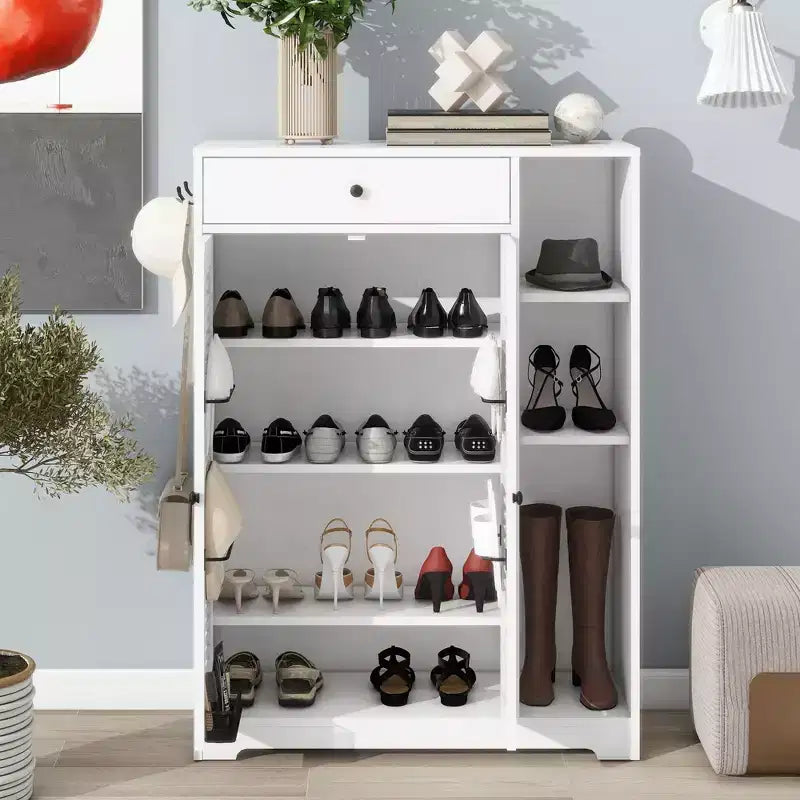 Ventilated Shoe Cabinet with 3 Flip Doors & Adjustable Shelves, Freestanding Wooden Shoe Organizer with Anti-Tip Device for Entryway