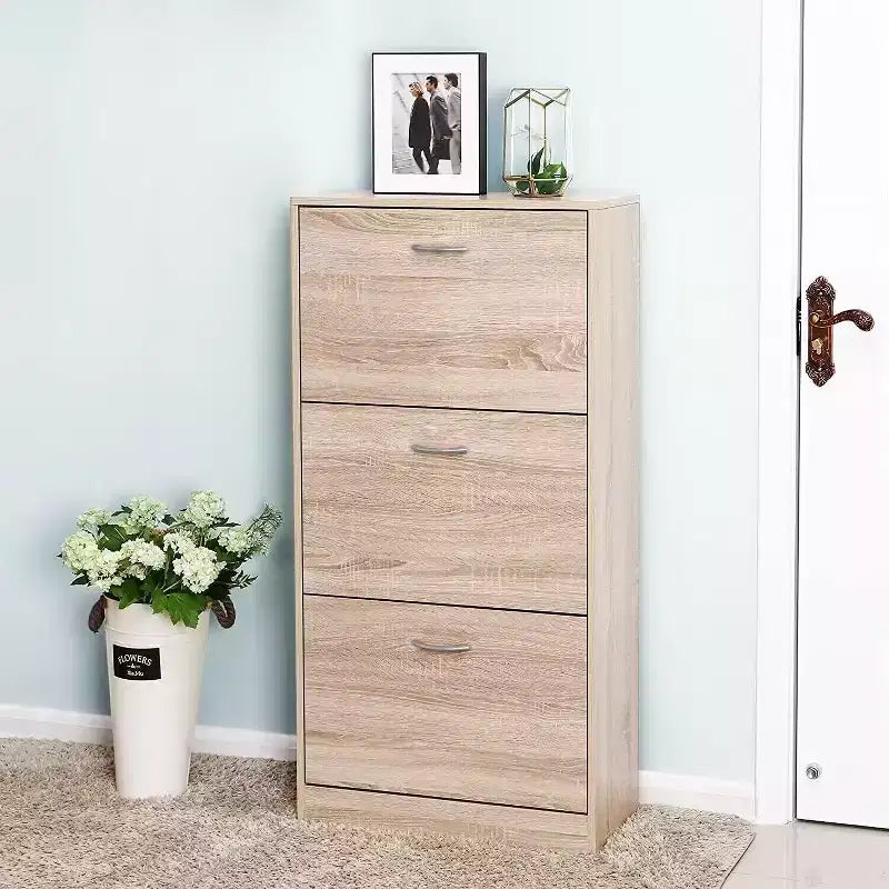 Ventilated Shoe Cabinet with 3 Flip Doors & Adjustable Shelves, Freestanding Wooden Shoe Organizer with Anti-Tip Device for Entryway