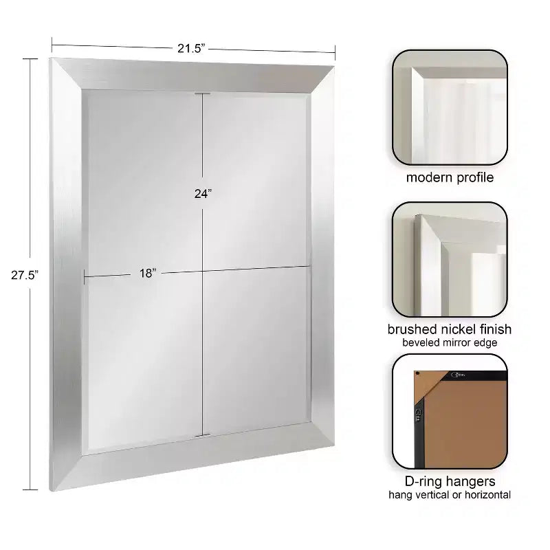 Rectangle Bathroom Wall Mirror - Brushed Nickel Frame, 21.5"W x 27.5"H