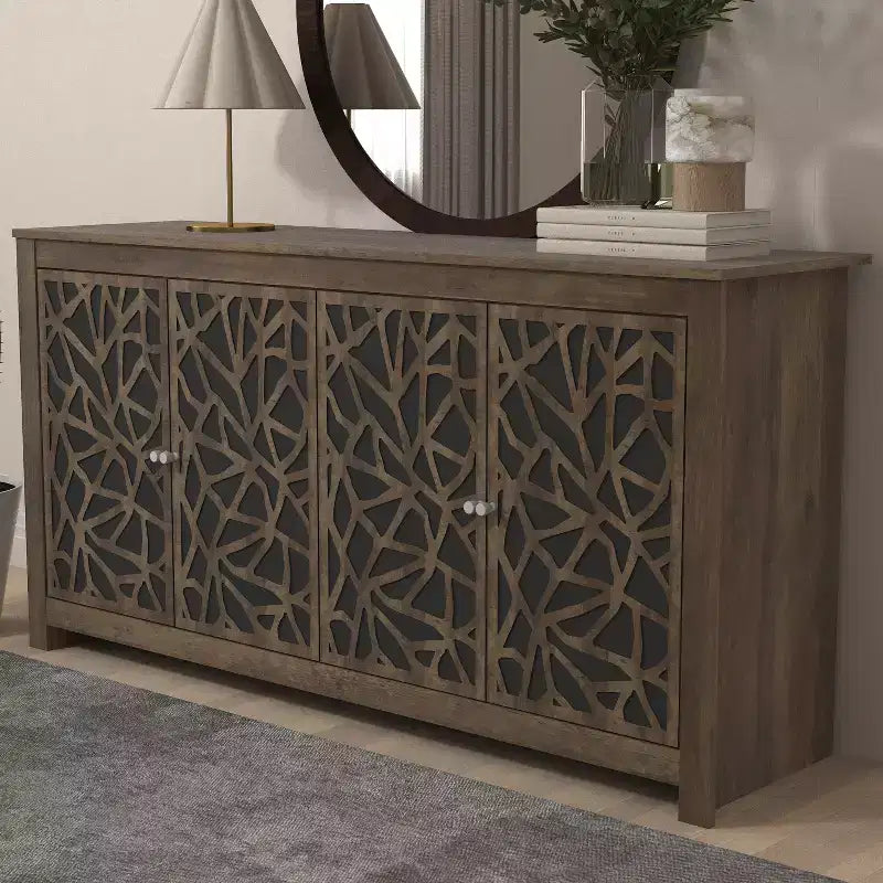 4-Door Laser-Cut Sideboard with Adjustable Shelves, Knotty Oak