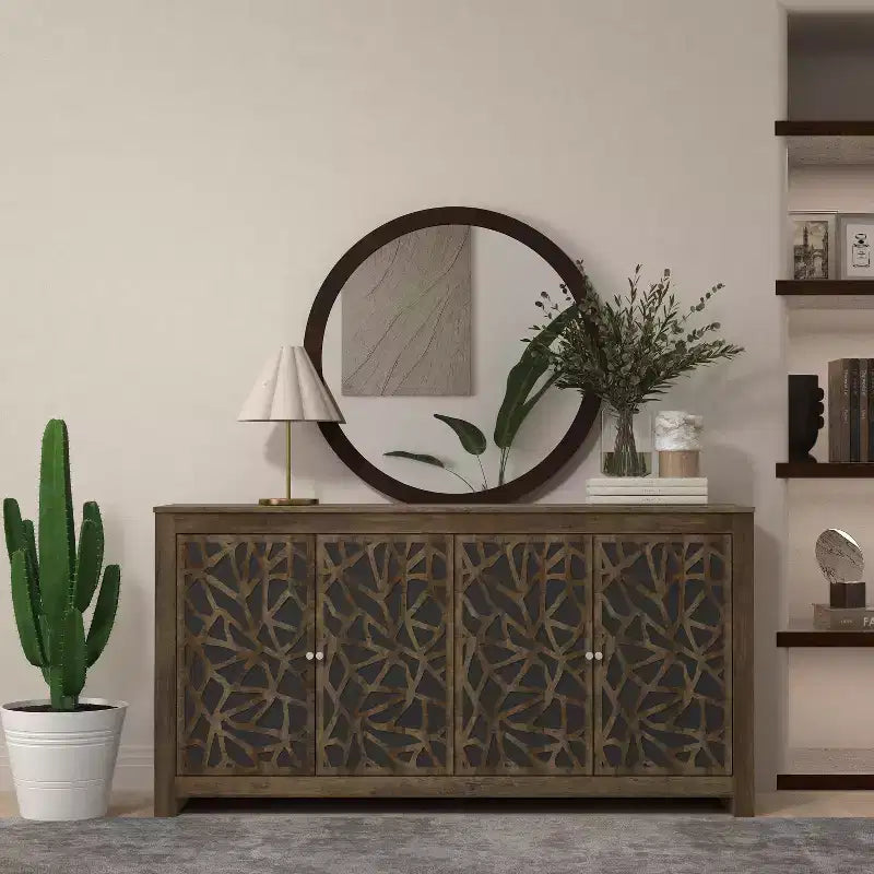 4-Door Laser-Cut Sideboard with Adjustable Shelves, Knotty Oak