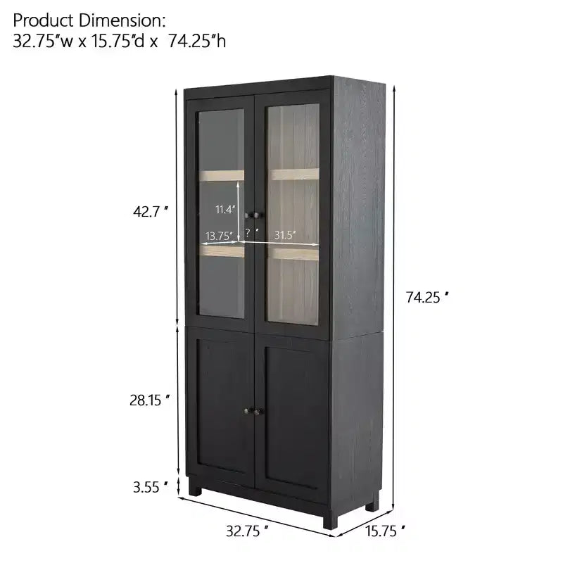 Mid-Century Farmhouse Bookshelf, 5-Tier with 4 Doors, 74.5"H, Display Bookcase for Living Room & Office