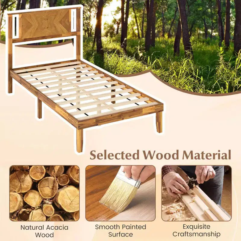 Rustic Wood Platform Bed Frame with Headboard & Under-Bed Storage, 12 Slats, No Box Spring, Twin/Full/Queen