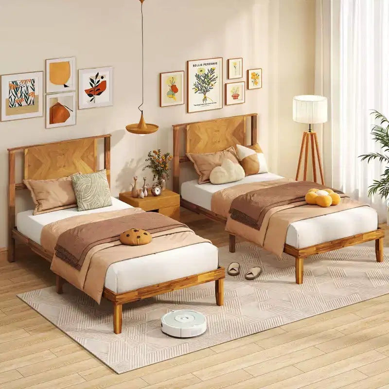 Rustic Wood Platform Bed Frame with Headboard & Under-Bed Storage, 12 Slats, No Box Spring, Twin/Full/Queen