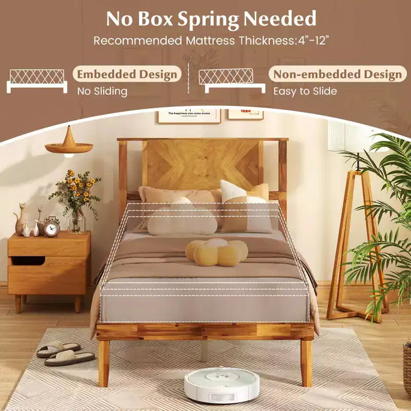 Rustic Wood Platform Bed Frame with Headboard & Under-Bed Storage, 12 Slats, No Box Spring, Twin/Full/Queen