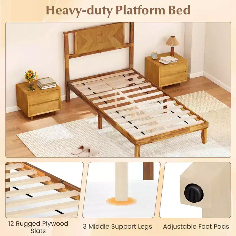 Rustic Wood Platform Bed Frame with Headboard & Under-Bed Storage, 12 Slats, No Box Spring, Twin/Full/Queen