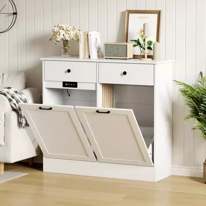 20 Gallon Tilt-Out Trash Can Cabinet, Double Bin with Hidden Drawer, Dog-Proof, Deodorizing
