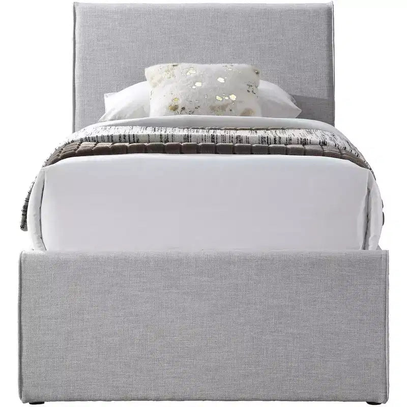 Twin Trundle Bed with Rolling Pull-Out, Upholstered Linen Textured Fabric, Fits 8" Mattress, Platform Bed, Cream or Grey