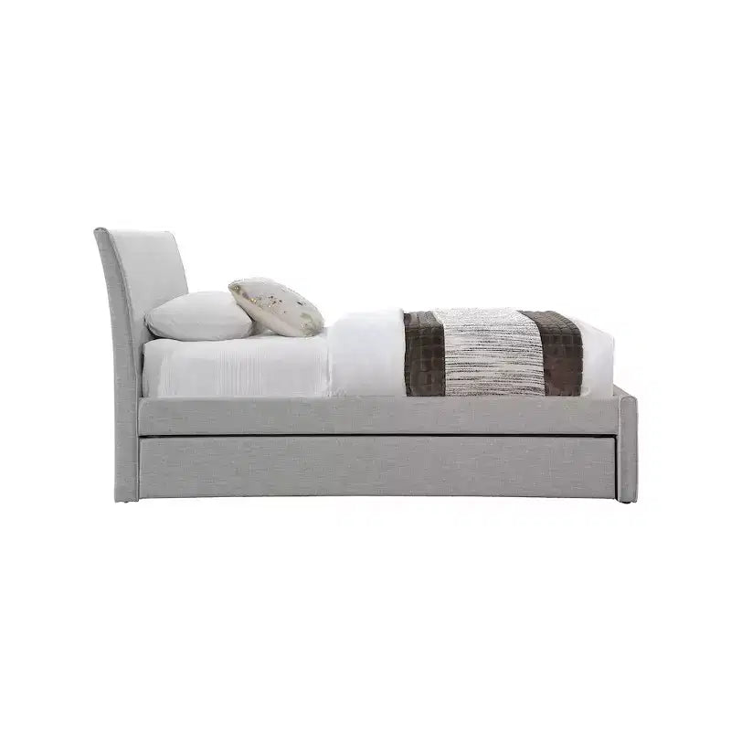 Twin Trundle Bed with Rolling Pull-Out, Upholstered Linen Textured Fabric, Fits 8" Mattress, Platform Bed, Cream or Grey