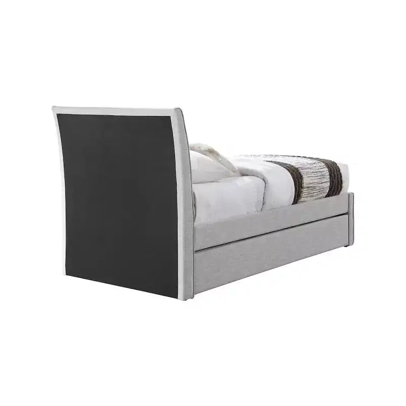 Twin Trundle Bed with Rolling Pull-Out, Upholstered Linen Textured Fabric, Fits 8" Mattress, Platform Bed, Cream or Grey