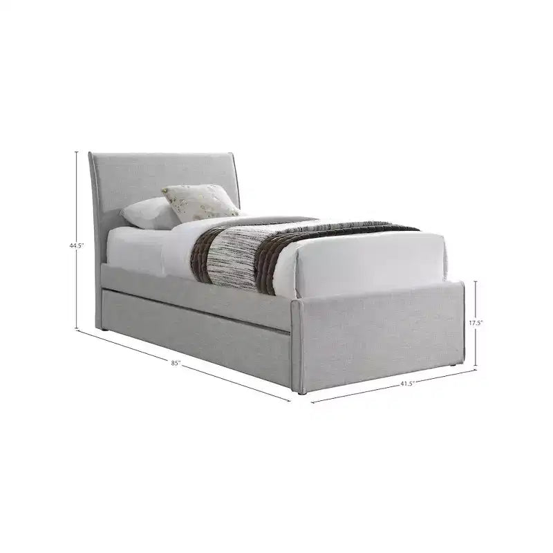 Twin Trundle Bed with Rolling Pull-Out, Upholstered Linen Textured Fabric, Fits 8" Mattress, Platform Bed, Cream or Grey