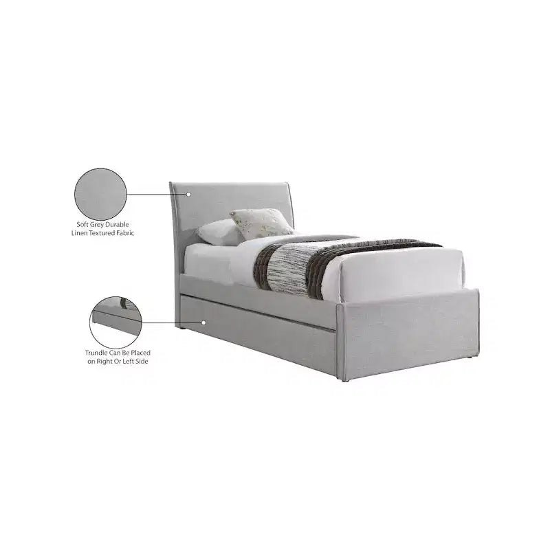 Twin Trundle Bed with Rolling Pull-Out, Upholstered Linen Textured Fabric, Fits 8" Mattress, Platform Bed, Cream or Grey