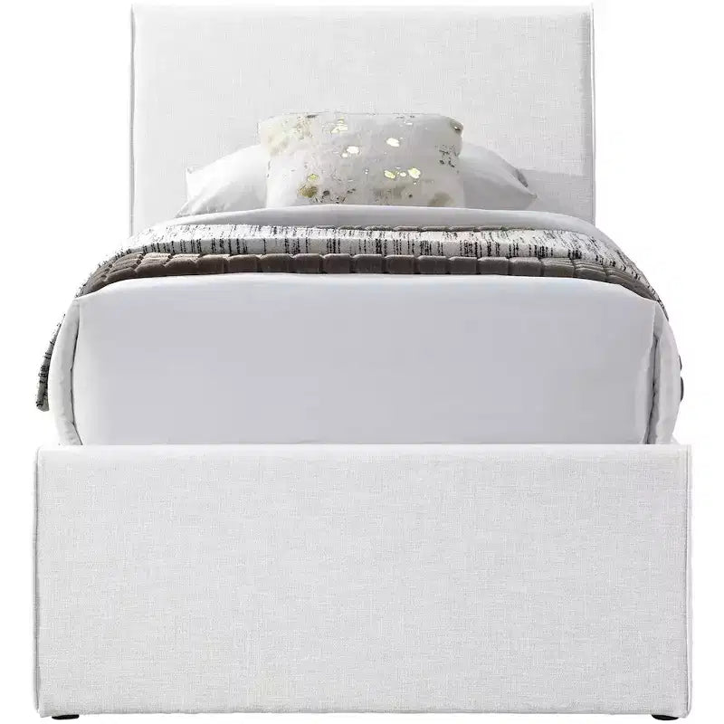 Twin Trundle Bed with Rolling Pull-Out, Upholstered Linen Textured Fabric, Fits 8" Mattress, Platform Bed, Cream or Grey