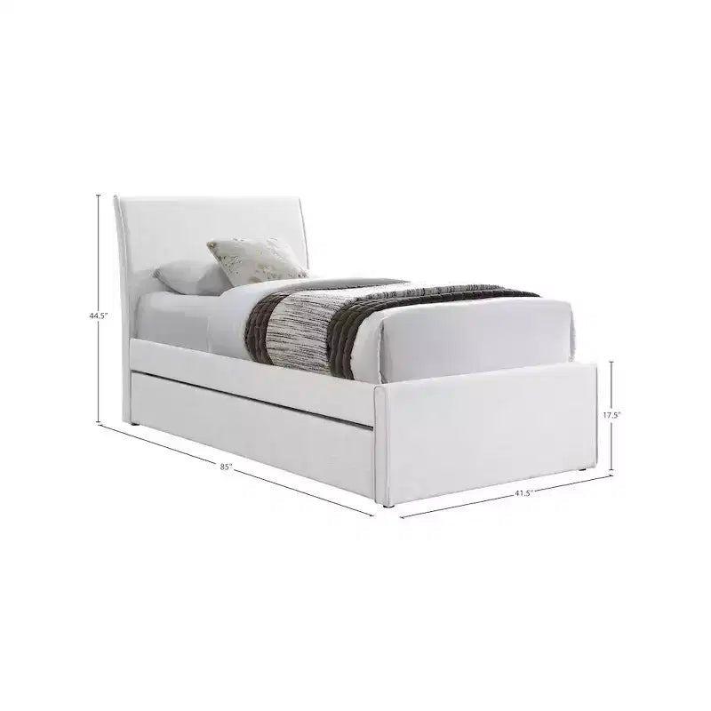 Twin Trundle Bed with Rolling Pull-Out, Upholstered Linen Textured Fabric, Fits 8" Mattress, Platform Bed, Cream or Grey