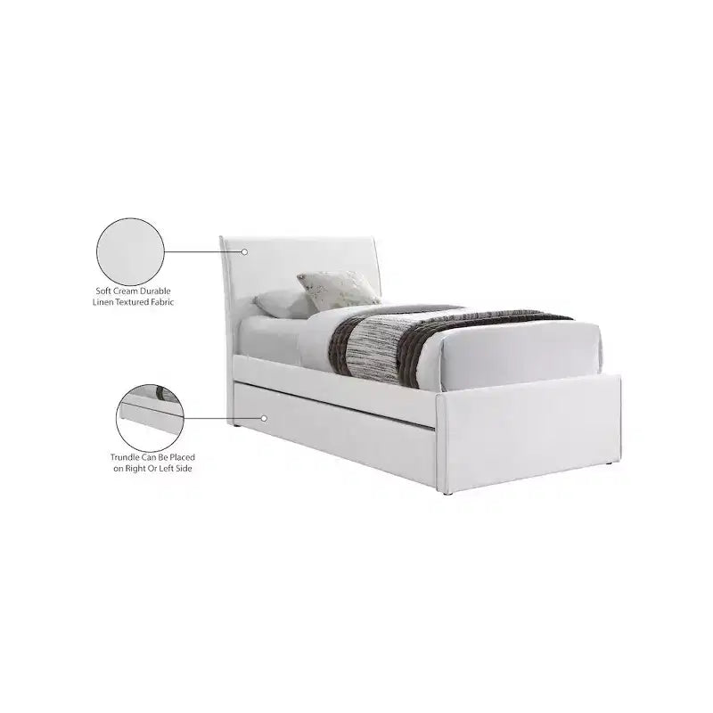 Twin Trundle Bed with Rolling Pull-Out, Upholstered Linen Textured Fabric, Fits 8" Mattress, Platform Bed, Cream or Grey
