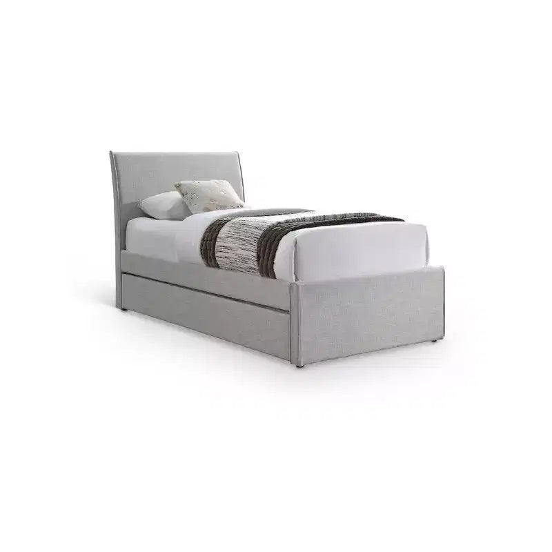 Twin Trundle Bed with Rolling Pull-Out, Upholstered Linen Textured Fabric, Fits 8" Mattress, Platform Bed, Cream or Grey