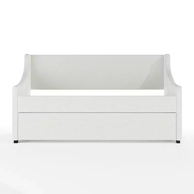 Twin Upholstered Daybed with Pull-Out Trundle, Off-White Faux Linen, Solid Wood Frame, 500 lb Capacity, No Box Spring Needed